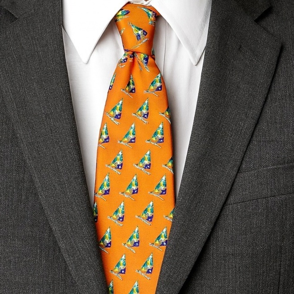 Rooster Orange Silk Sailboat Tie‎ Mens Nautical Windsurfer Print Handmade 59x4"